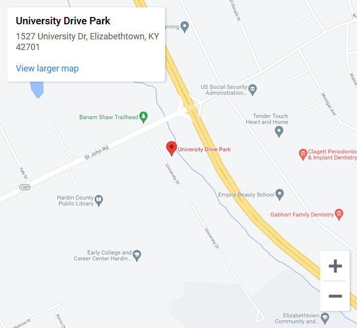 Map for University Drive Park 1527 University Dr, Elizabethtown, KY 42701 and link to Google Maps.
